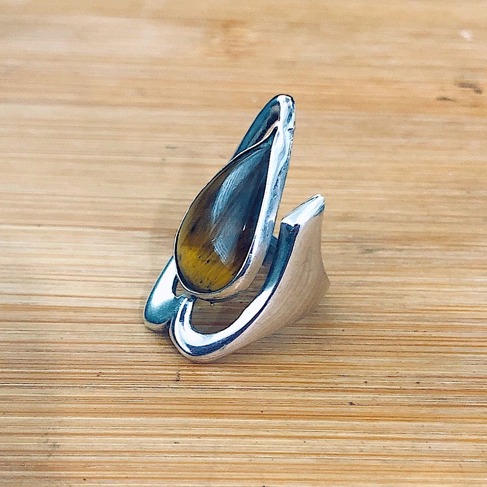 $69  Vintage Estate Ring Tiger Eye & Sterling Size 7 & 1/4 - 7 & 1/2 925 MEXICO